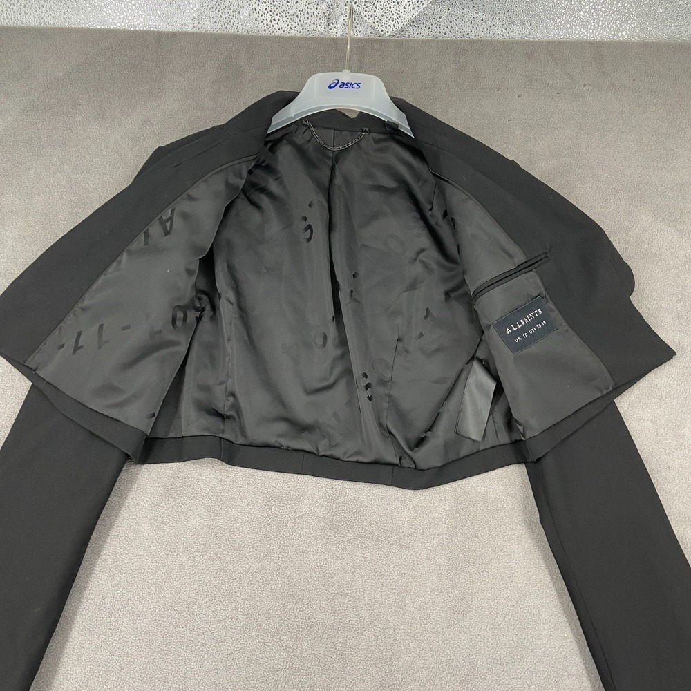 AllSaints Cropped Blazer Jacket Women's 6 Black Formal Shawl Collar Open Front - Picture 3 of 10